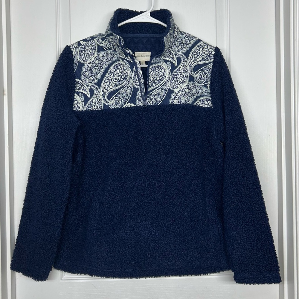 Vera Bradley Sz M Soft Teddy Fleece Zip Pullover Navy Blue Quilted Paisley